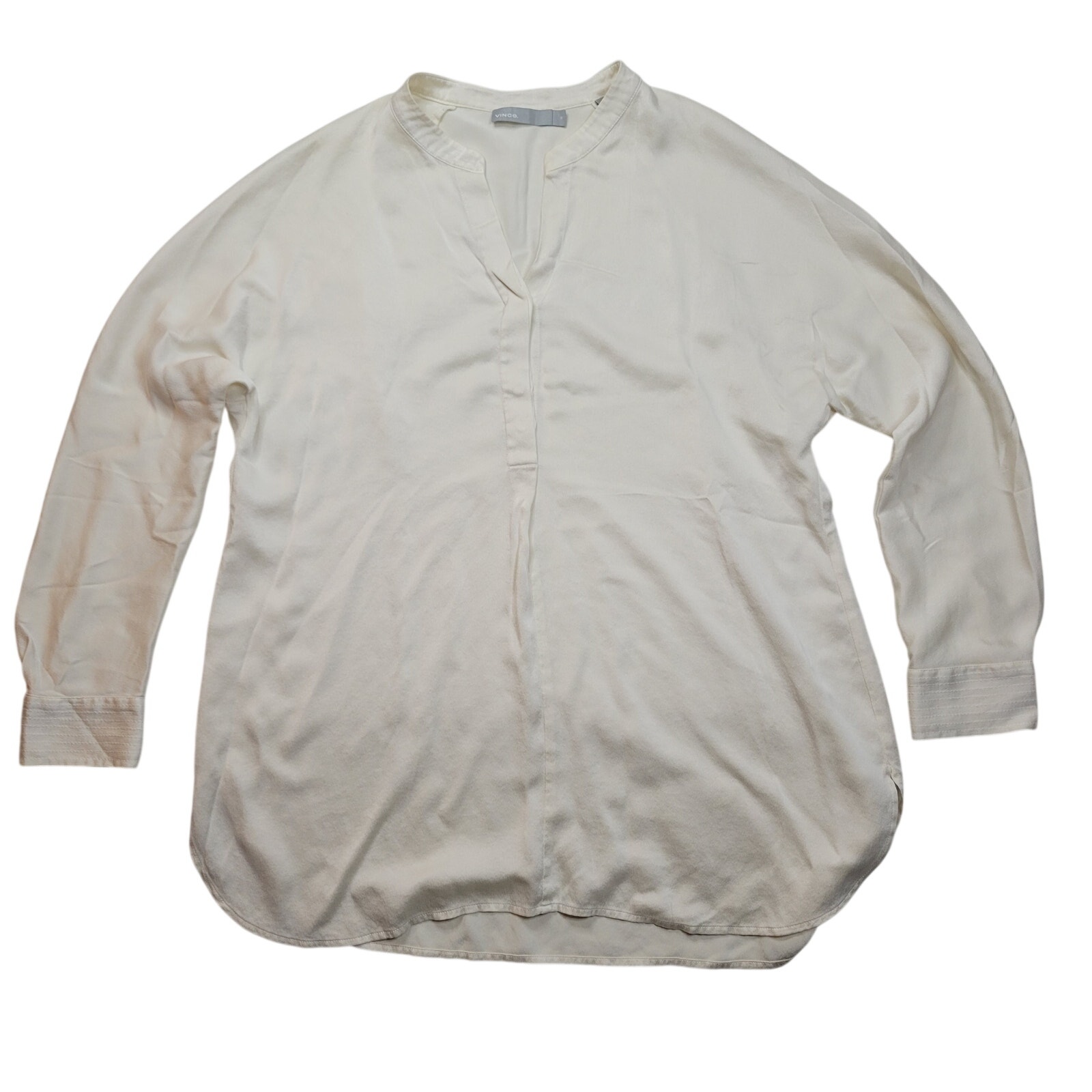 Vince Silk White Split-Neck Blouse Satin Band Collar Long Sleeve Size Med